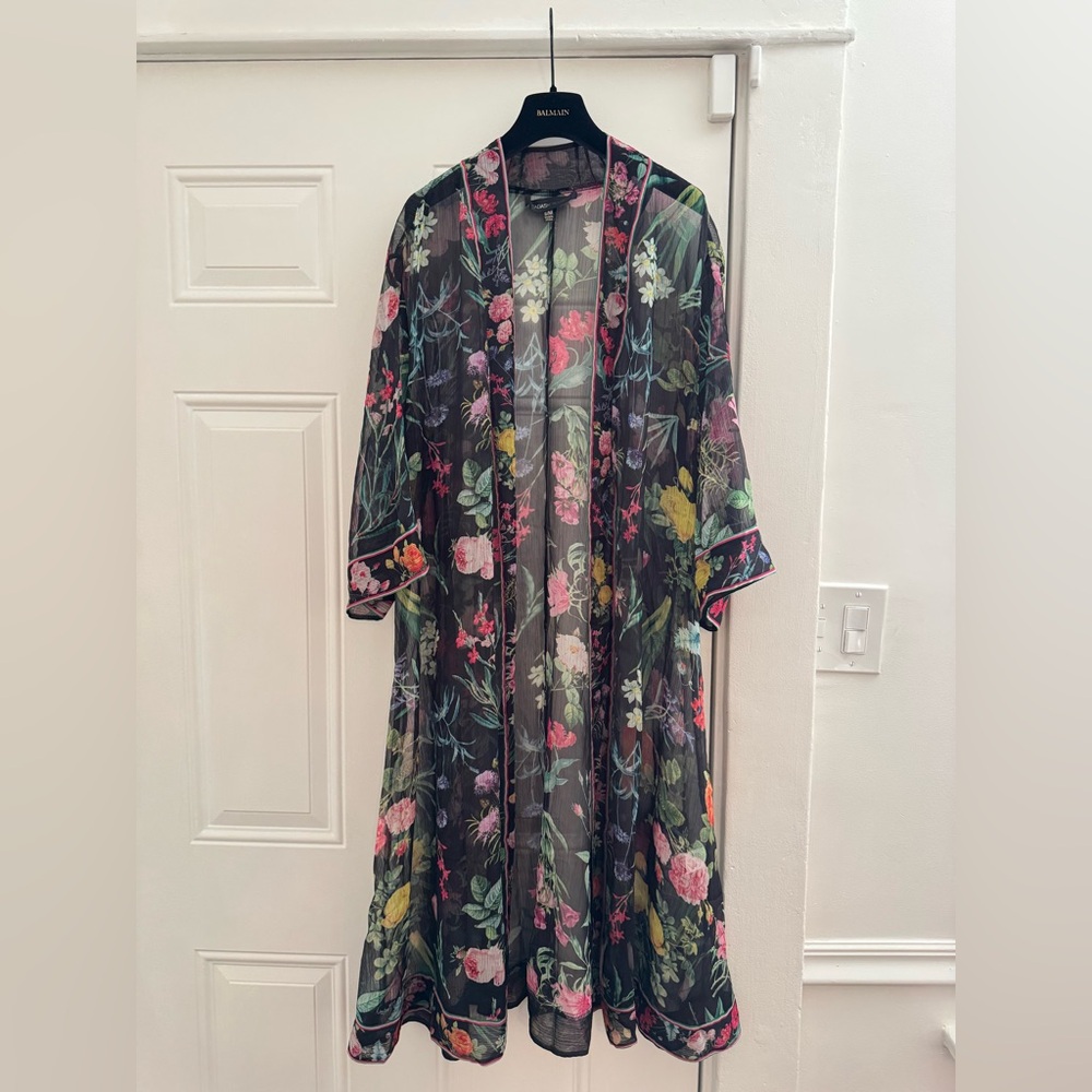 Tadashi Shoji Black Sheer Floral kimono Open Duster with Pink and Green Accents